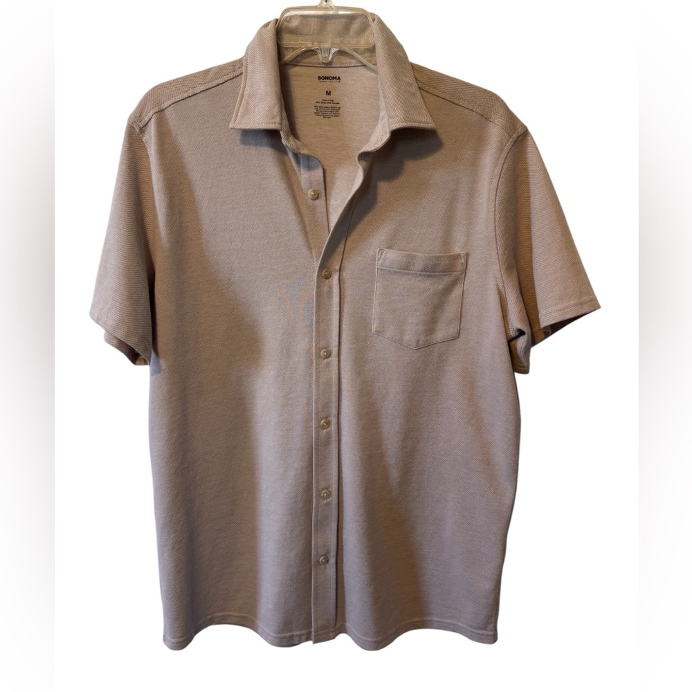 Sonoma Short-Sleeve Button-Down Shirt in Taupe/Tan Size Medium Front Pocket